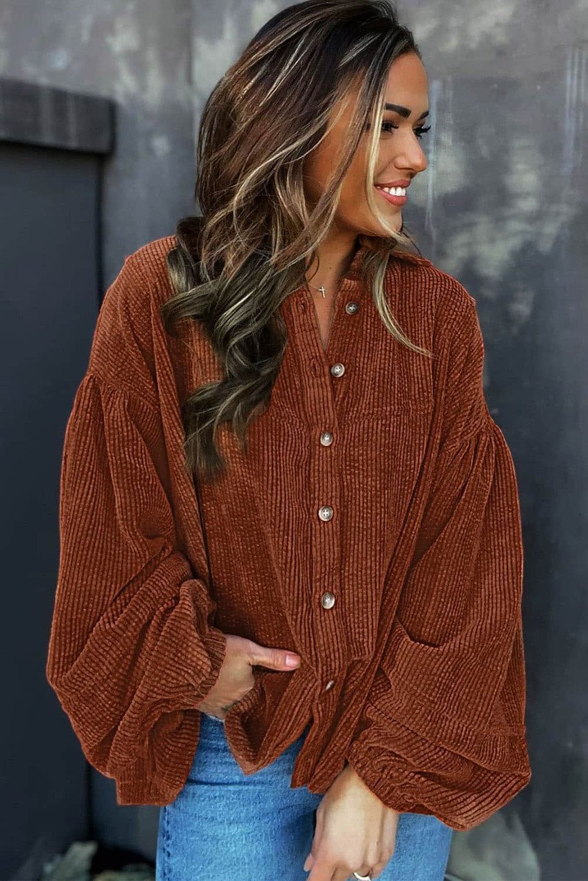 Mai - Blusa in velluto a coste con maniche a sbuffo moda donna