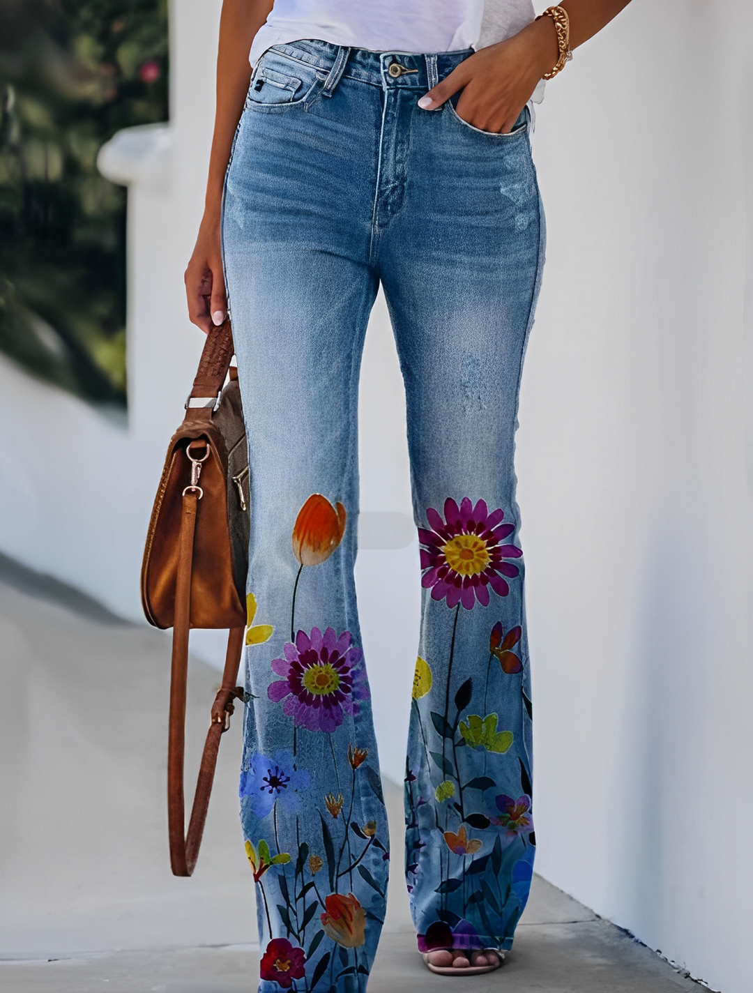 Glenna - Pantaloni a zampa estivi con motivo floreale per donne