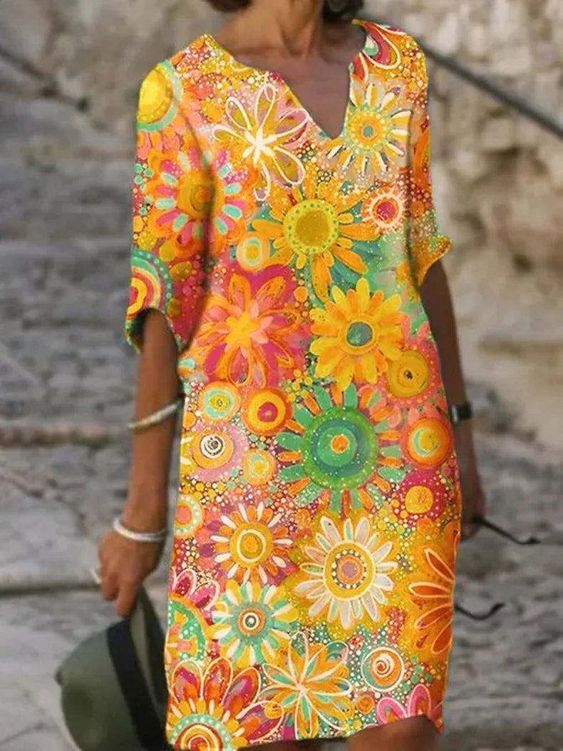 Hannah - Abito con scollo a V e fantasia floreale