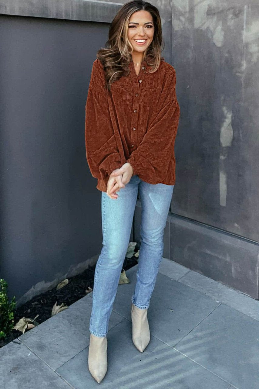 Mai - Blusa in velluto a coste con maniche a sbuffo moda donna