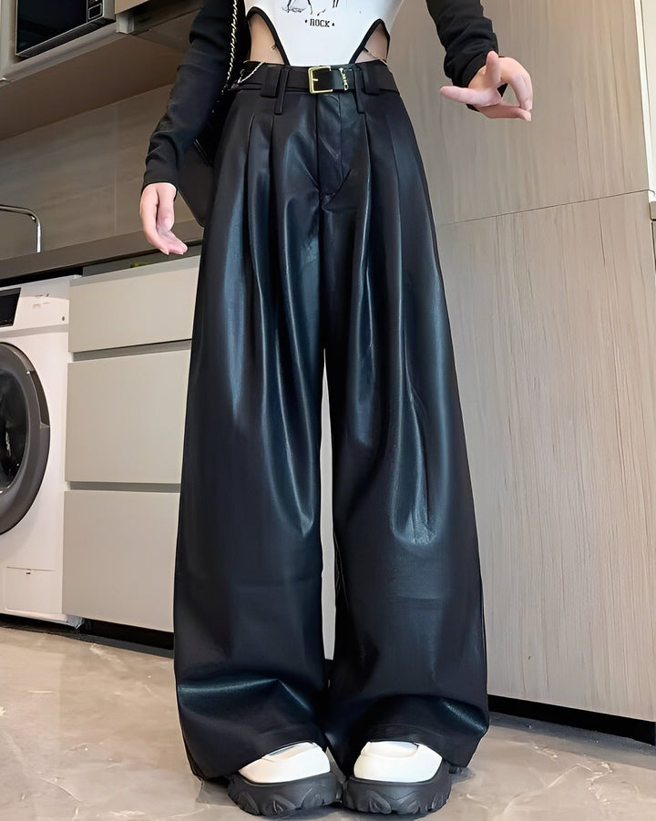 Lora - Classico pantaloni in pelle a vita alta per donne
