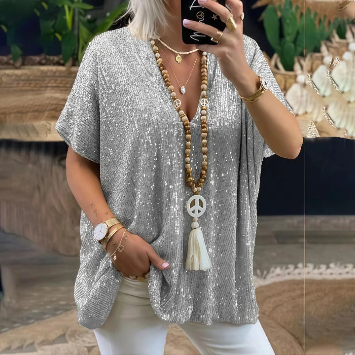 Paola - Maglietta con paillettes e scollo a V